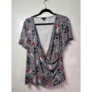 Talbots Woman 1X Wrap Top Nautical Anchor Sailboat Stripe Coastal Beach Vacation